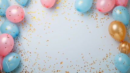 Wall Mural - Balloons with confetti. Background template design with helium balloons for Party for Birthday and anniversary celebration, carnival. weddings and valentine's day and international women's day