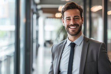 Wall Mural - Confident male entrepreneur with a friendly smile in a contemporary corporate setting