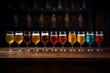 Variety of beer glasses on wooden table, vibrant colors and textures for brewery or pub concept