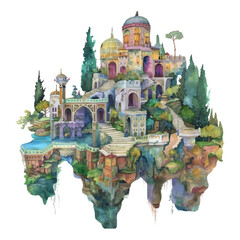 Wall Mural - Hanging Gardens of Babolin watercolor on a white background
