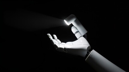 Leinwandbilder - Using artificial intelligence, future technology, and business concepts - robot and hand with flash light and virtual projection over black background.