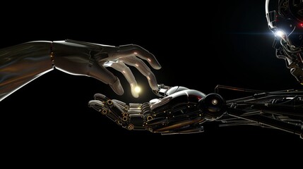 Leinwandbilder - An artificial intelligence, future technology and business concept with a robot and human hand flashing in front of a virtual screen projection on a black background.