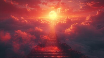 Wall Mural - Ascending the staircase to the sky at sunrise - The Resurrection of Christ and Heaven's Entrance