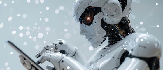 Poster - A technical industrial engineer managing robotics and controlling them with monitoring system software and industry-wide network connection on a tablet. Artificial Intelligence, Automation robot arms,