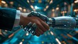 Shaking hands with a digital partner in front of a futuristic background. Artificial intelligence and machine learning process for the fourth industrial revolution.