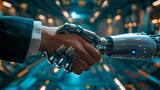 Fototapeta Panele - Shaking hands with a digital partner in front of a futuristic background. Artificial intelligence and machine learning process for the fourth industrial revolution.