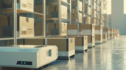 Fototapete - Robots delivering cardboard boxes with infographics in a distribution logistics center. Automated Guided Vehicles delivering goods, products, and packages.