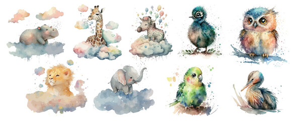 Poster - Whimsical Watercolor Collection of Wild Animals: A Set of Beautifully Painted Creatures in Soft, Dreamy Hues, Perfect for Children’s Illustrations