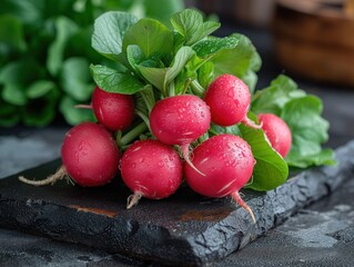 Canvas Print - fresh radish with tops on black background