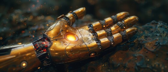 Leinwandbilder - An artificial intelligence, future technology and business concept shows a robot and a human hand over a black background with a flash light and a projection of a virtual screen.