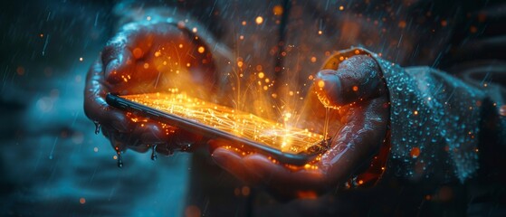Aufkleber - Imagination of a person in a metaverse virtual world via smart phone. Futuristic music. Mobile phone that levitates in the air.