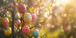 Golden and yellow easter eggs hang from branches of pine tree in style of glimmering light effects, soft and dreamy depictions

