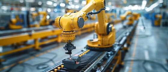 Leinwandbilder - Using smart robot arms for digital factory production technology, industry 4.0 or 4th industrial revolution automation is shown, along with IOT software for controlling operations.