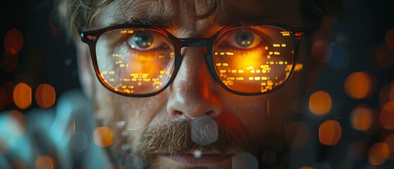 Poster - A man uses a laptop computer to analyze and develop various information on a futuristic screen using algorithms and deep learning.