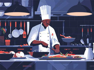 A chef in his traditional uniform is preparing exquisite cuisine in the kitchen, using tableware and wearing a hat. He is cooking a delicious dish as the chief cook for a fine dining service