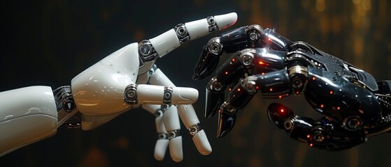 Leinwandbilder - A future technology and business concept depicting a robot and human hand positioned on a black background with a flash light and virtual screen projected on it.