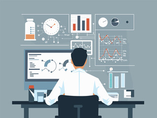 A man in a lab coat is seated at a desk in front of a computer monitor displaying data. He appears to be working on a project or analyzing some sort of information