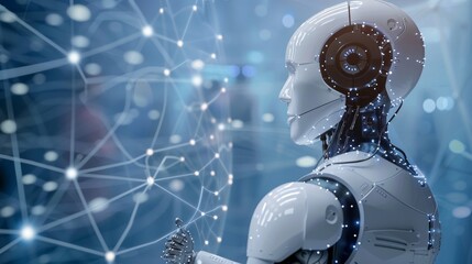 Aufkleber - Virtual diagram of Industry 4.0 with AI, robot assistants, Cloud, big data, and automation. Photo showing professional investor working on a new start-up project.