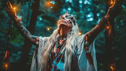 A woman shaman performs a magical ritual in the forest.