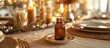 A bottle of sandalwood essential oil is placed on a luxurious table, creating a sophisticated and aromatic atmosphere.