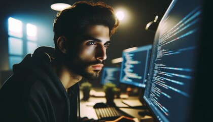 Software developer deeply engrossed in coding, middle-eastern descent