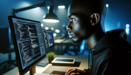 Web developer, showcasing the innovative and technical aspects of their work, African American descent