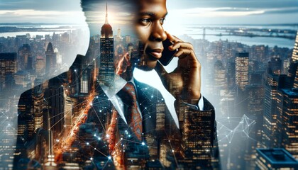 Urban Visionary: A Black businessman, embodying ambition, overlooks a vibrant cityscape, his silhouette merging with the urban landscape as he strategizes on his phone. 