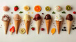 Collection of seven varied ice cream scoops in waffle cones on a light background. Fruit slices, berries, mint leaves