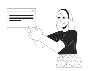 female programmer black and white 2d line cartoon character. web design. woman showing code block is