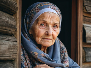 An old lonely grandmother in a headscarf, waiting for her children, looks out of the window of an old wooden house.