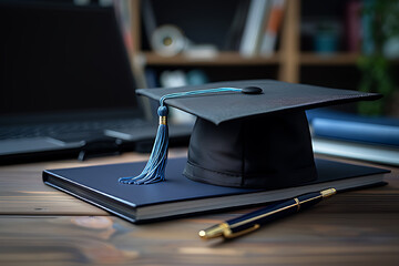 Graduation cap and book, bachelor and diploma.