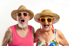 Senior Couple With Sunglasses And Straw Hat And Beach Outfit Making Shocked Surprised Face With Strong Expressions