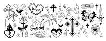 Y2k Gothic Fashion Elements Set In 2000s Style. Y2k Gothic Cross, Heart, Butterfly, Dead Bird, Dagger, Etc. Opium Style Fashion Elements. Gothic Tattoo Stickers. Printable Vector Designs