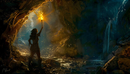 Canvas Print - A digital illustration of a female adventurer exploring a mysterious cave holding a torch aloft as  Generative AI
