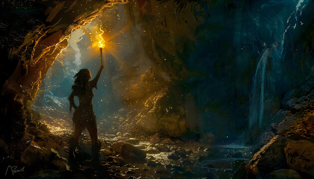 a digital illustration of a female adventurer exploring a mysterious cave holding a torch aloft as g