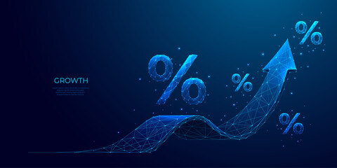 Leinwandbilder - Abstract digital arrow up and percent polygonal symbols on technology blue background. The growth arrow consists of polygons, lines, and connected dots. Discount or Sale concept. Vector illustration.