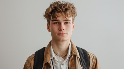 Wall Mural - Young man with curly hair wearing a brown jacket over a white shirt with a backpack strap visible standing against a plain background.