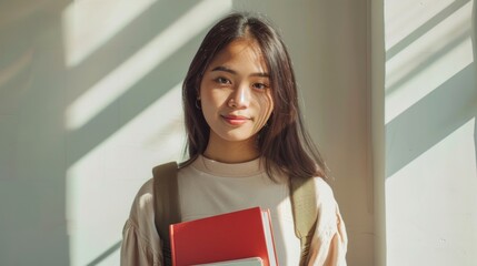 Wall Mural - Young woman with long dark hair wearing a light-colored top smiling gently holding a red book standing in a brightly lit room with sunlight streaming through windows.