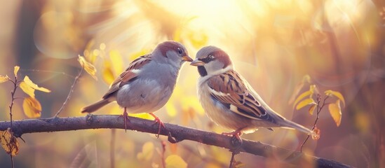 Poster - Two birds, one with vibrant plumage and the other with muted tones, are perched closely together on a branch in a dense forest. The setting is rich with green foliage and hints of sunlight filtering