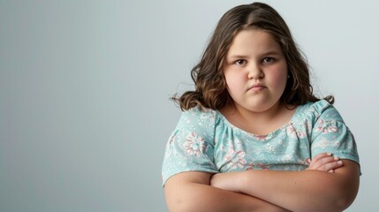 Wall Mural - A young girl with a pensive expression standing against a light blue background wearing a floral print top with her arms crossed.