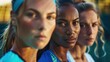 © iuricazac - Three women with intense expressions possibly athletes in a sports setting with blurred background emphasizing their focus and determination.