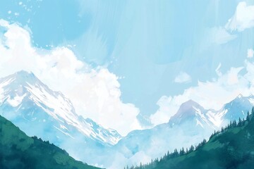 Wall Mural - Simple gouache style mountain landscape, white and blue sky Generative Ai 