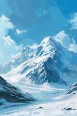 Wall Mural - Simple gouache style mountain landscape, white and blue sky Generative Ai 