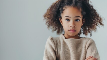 Wall Mural - Young girl with curly hair wearing a beige sweater looking directly at the camera with a neutral expression.