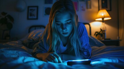 Wall Mural - A young woman with blonde hair lying in bed at night illuminated by the glow of her phone screen which she is holding in her hands.