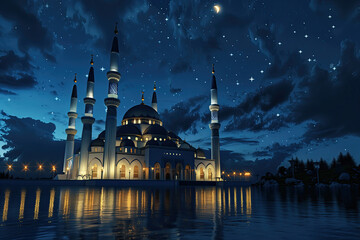 Wall Mural - islamic mosque in cloudy night time. ramadan kareem holiday celebration concept