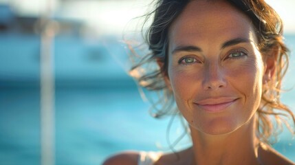 Wall Mural - A woman with a radiant smile sun-kissed skin and sparkling eyes standing near a body of water with a boat in the background.