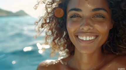 Wall Mural - A woman with curly hair smiling and looking up with water droplets on her face set against a blurred ocean backdrop.