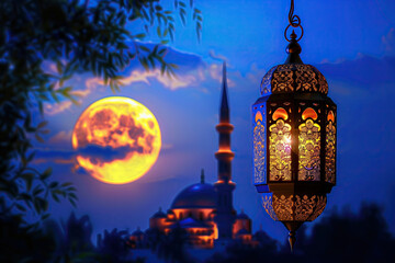 Wall Mural - arabic lantern with the moon and a silhouette mosque on the background. ramadan kareem holiday celebration concept