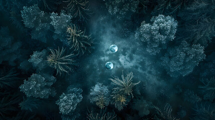 Wall Mural - photo of a moonlit forest, view from top looking down sparse undergrowth, magic, delicate magic